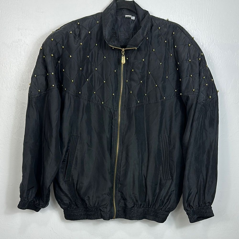 Fuda International Vintage Silk Black Studded Quilted Bomber Jacket Size XL